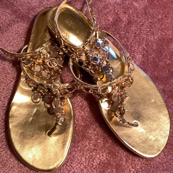 Colin Stewart Gold Ring Embellished Flat Sandals 🔴 - Picture 1 of 13